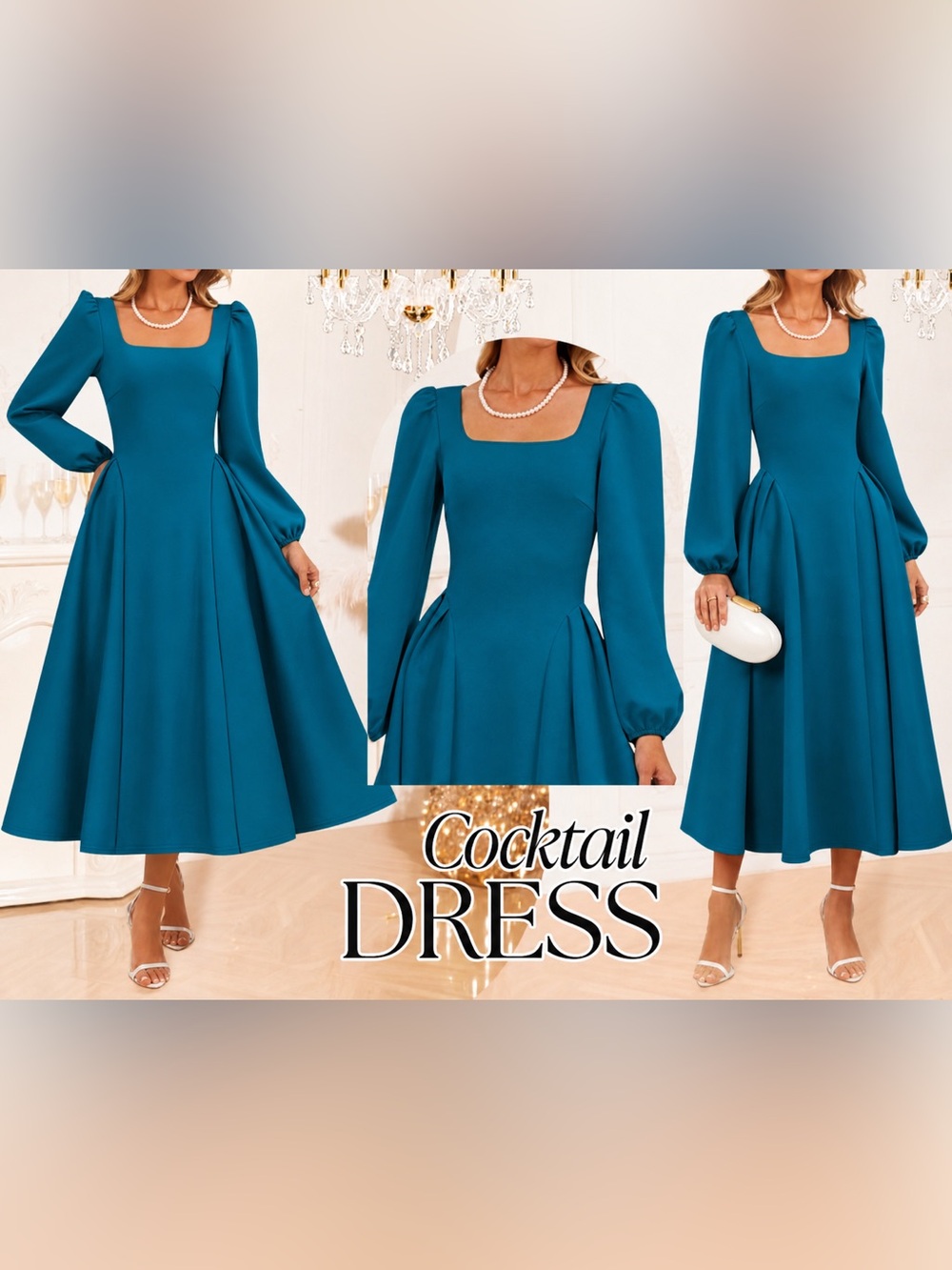 NWT Sz L Puff Long Sleeve Midi Square Neck Modest A Line Teal Women’s Dress